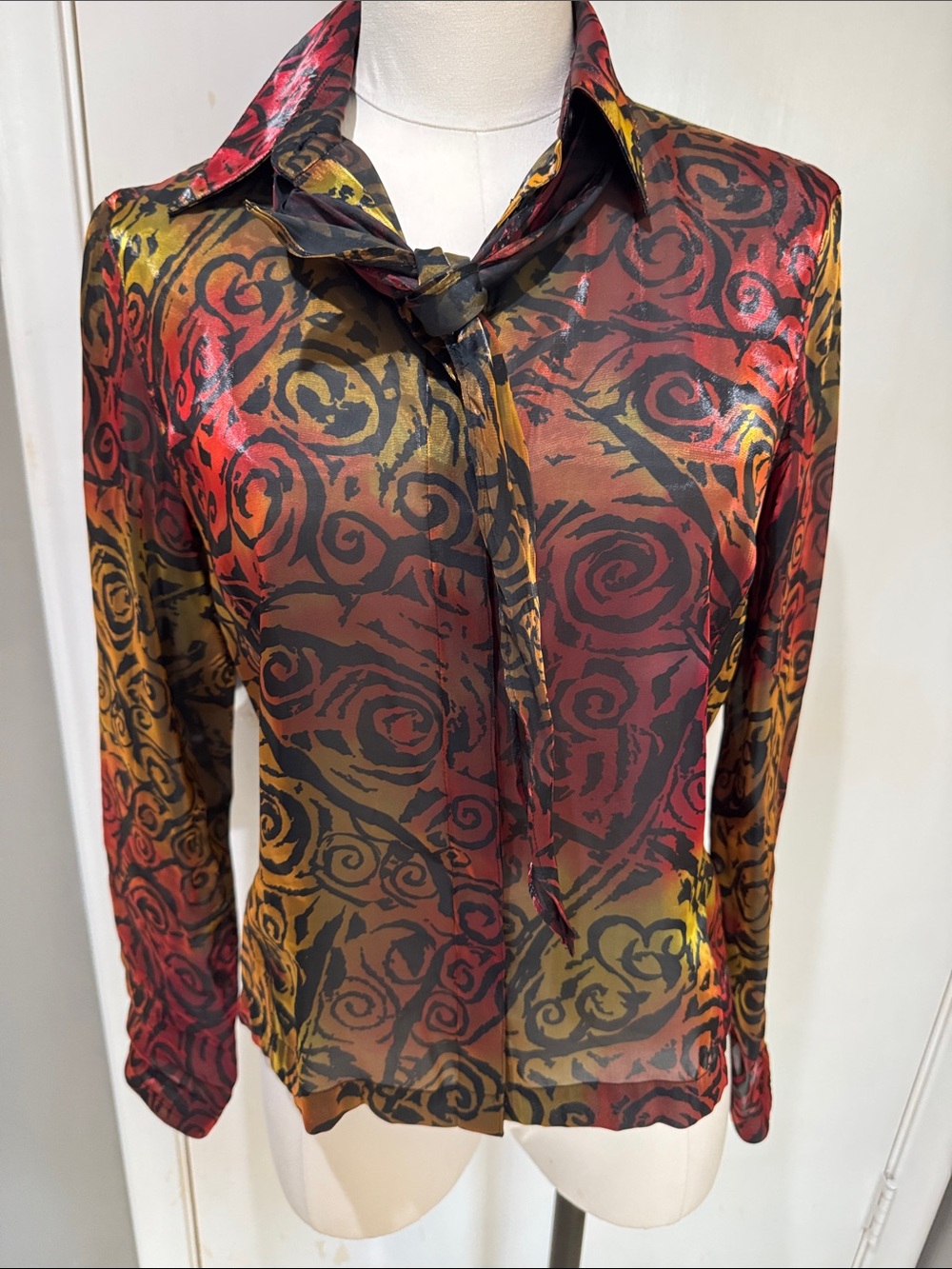 Tie-Neck Sheer Blouse in Red and Gold Swirl Print